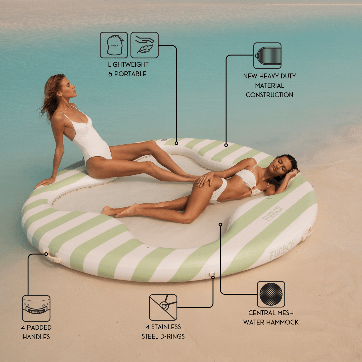 Swim Platform wtih water hammock. Lightweight and portable. New Heavy duty material construction. 4 padded handles. 4 stainless stell d-rings. Central Mesh Water Hammock. 