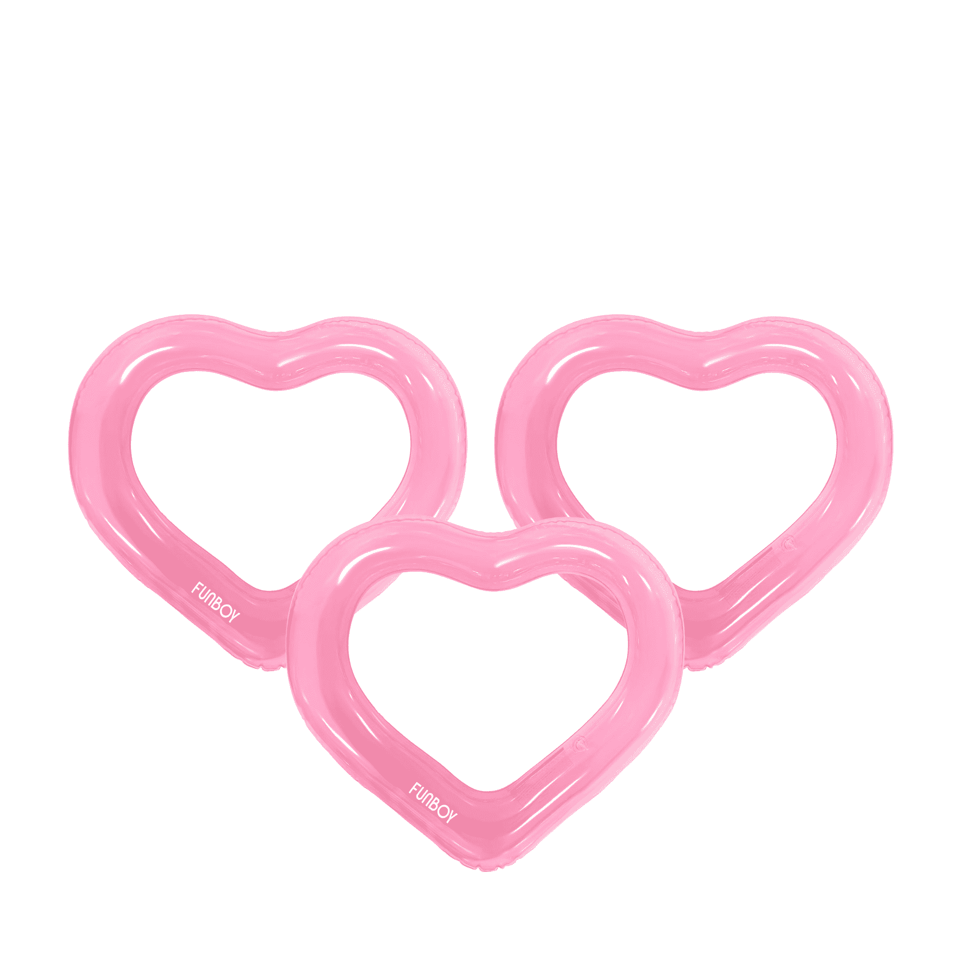 Pink heart-shaped floats with 'FUBOY' branding on a white background