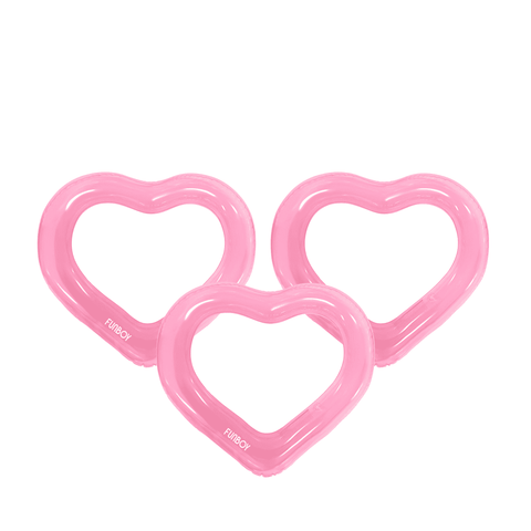Pink heart-shaped floats with 'FUBOY' branding on a white background