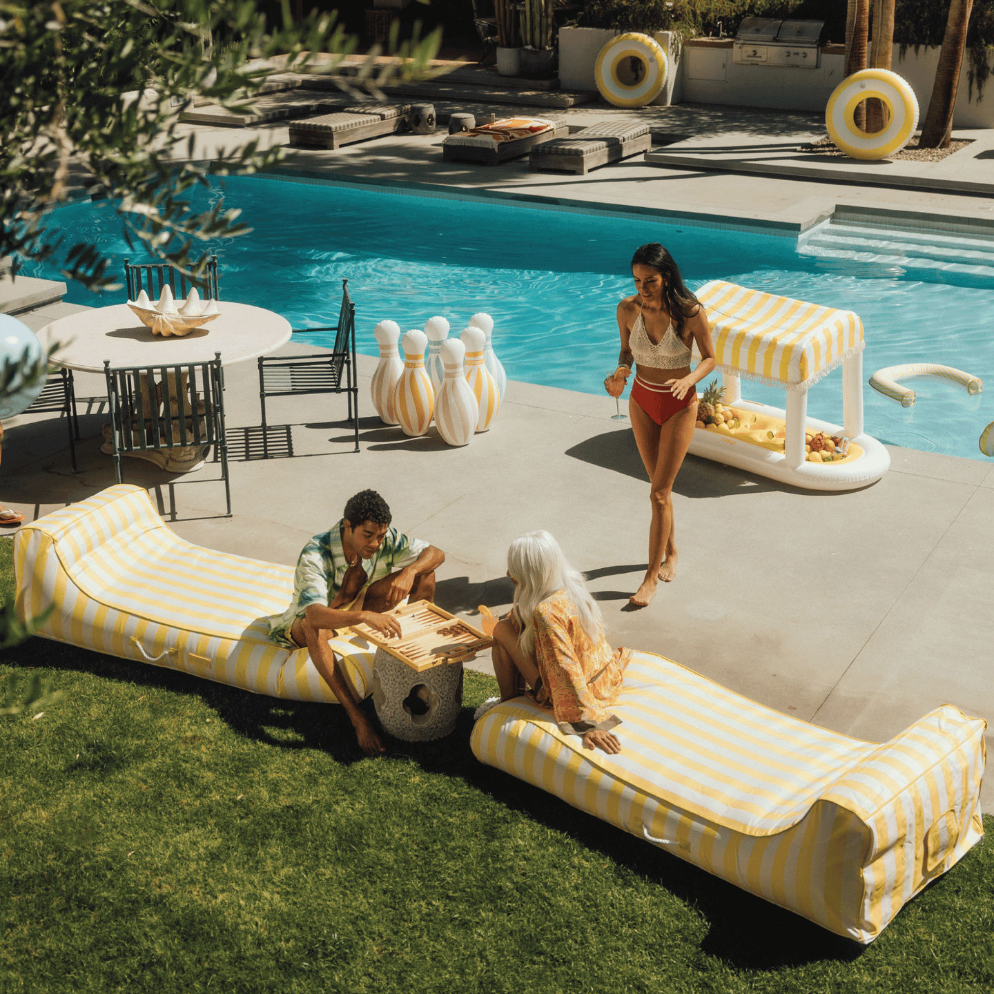 Fabric Colored Pool Float - Yellow Cabana Stripe Lounger