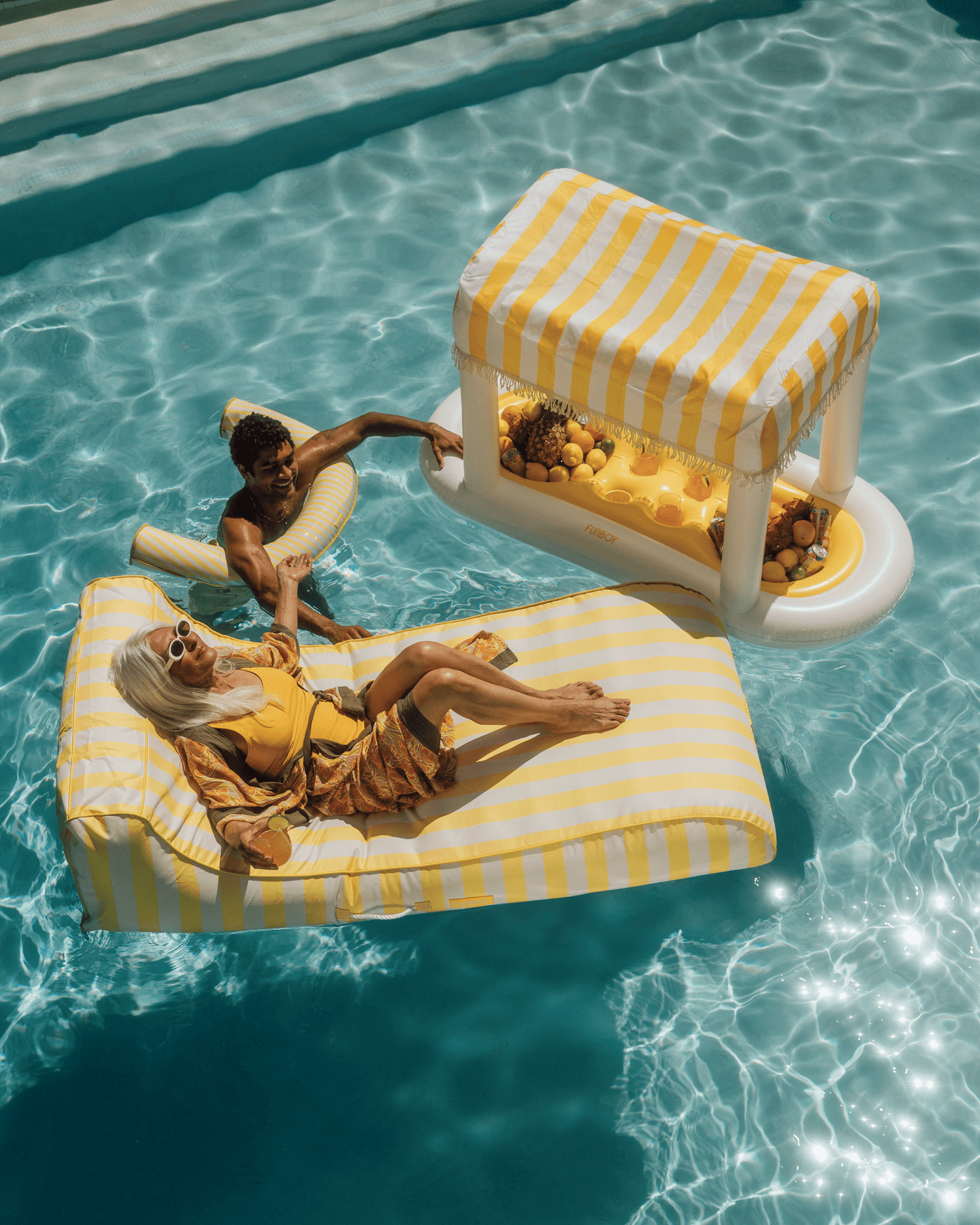 Fabric Colored Pool Float - Yellow Cabana Stripe Lounger