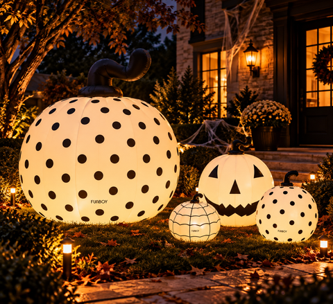 Three illuminated inflatable pumpkins with black polka dots and carved jack-o'-lantern faces are displayed on a lawn in front of a house at night, with warm house lights and yard lights in the background.