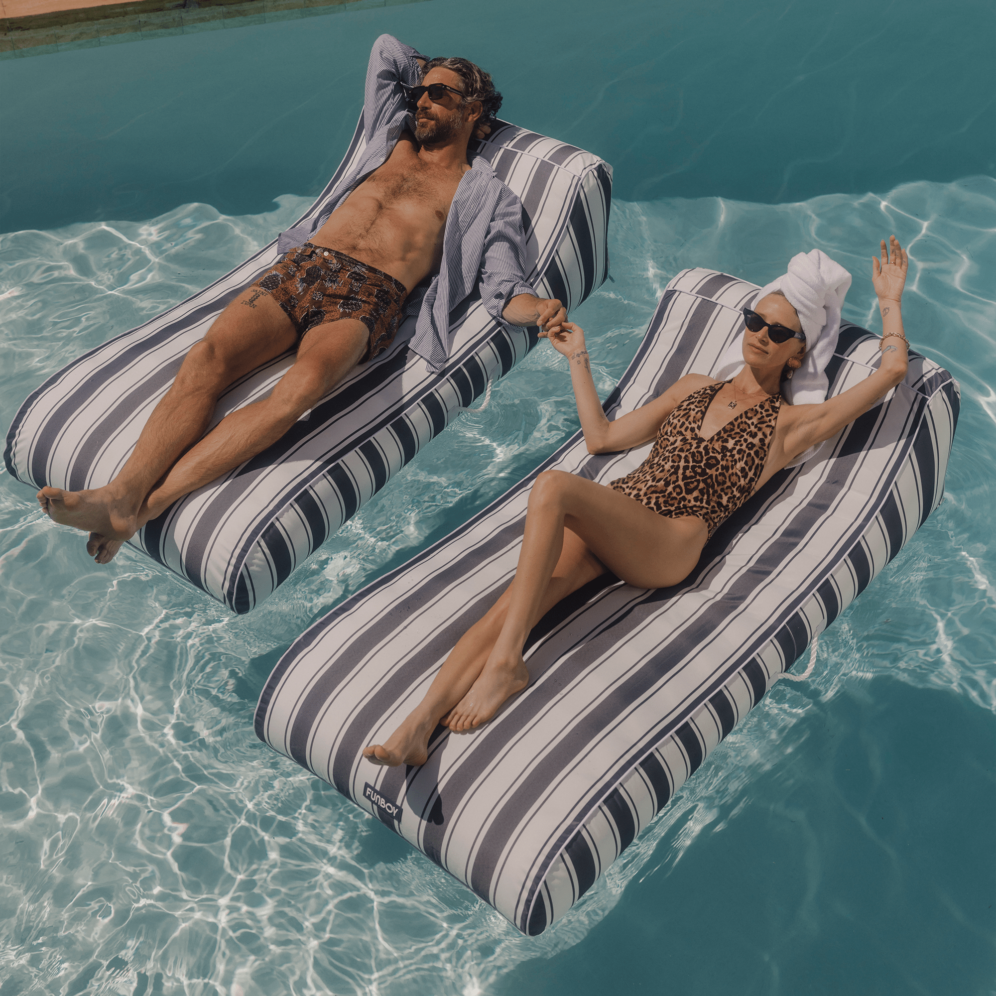 Fabric Covered Pool Floats Navy Stripe Sun Bed