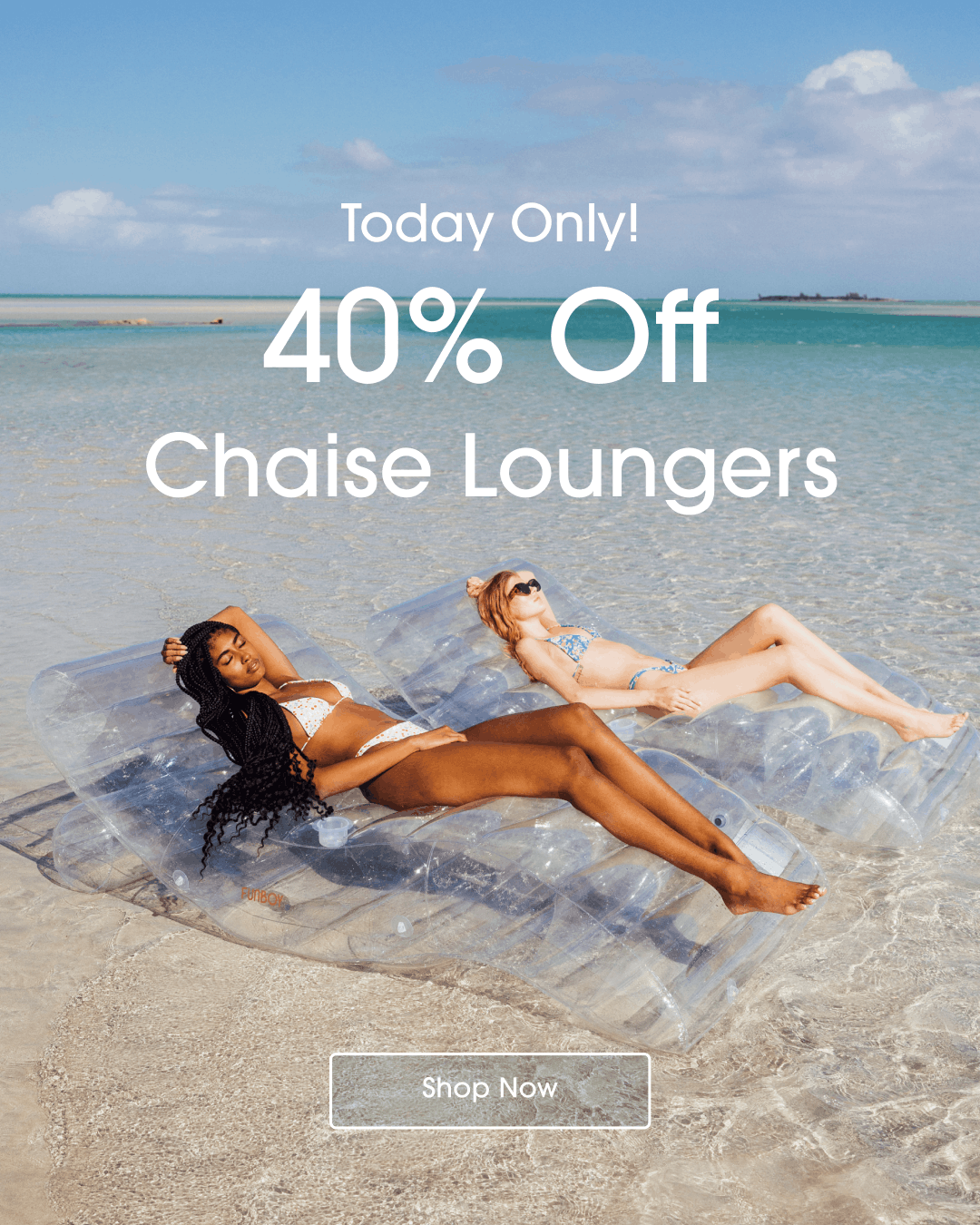 Two people lying on clear inflatable chaise loungers in the water with promotional text overlay that reads 40% off.