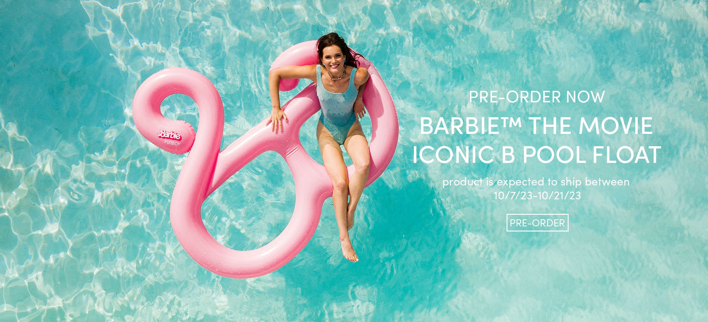 Pre-Order now Barbie the Movie Iconic B Pool Float. Product is expected to ship between 10/7/23 - 10/21/23. Pre-Order