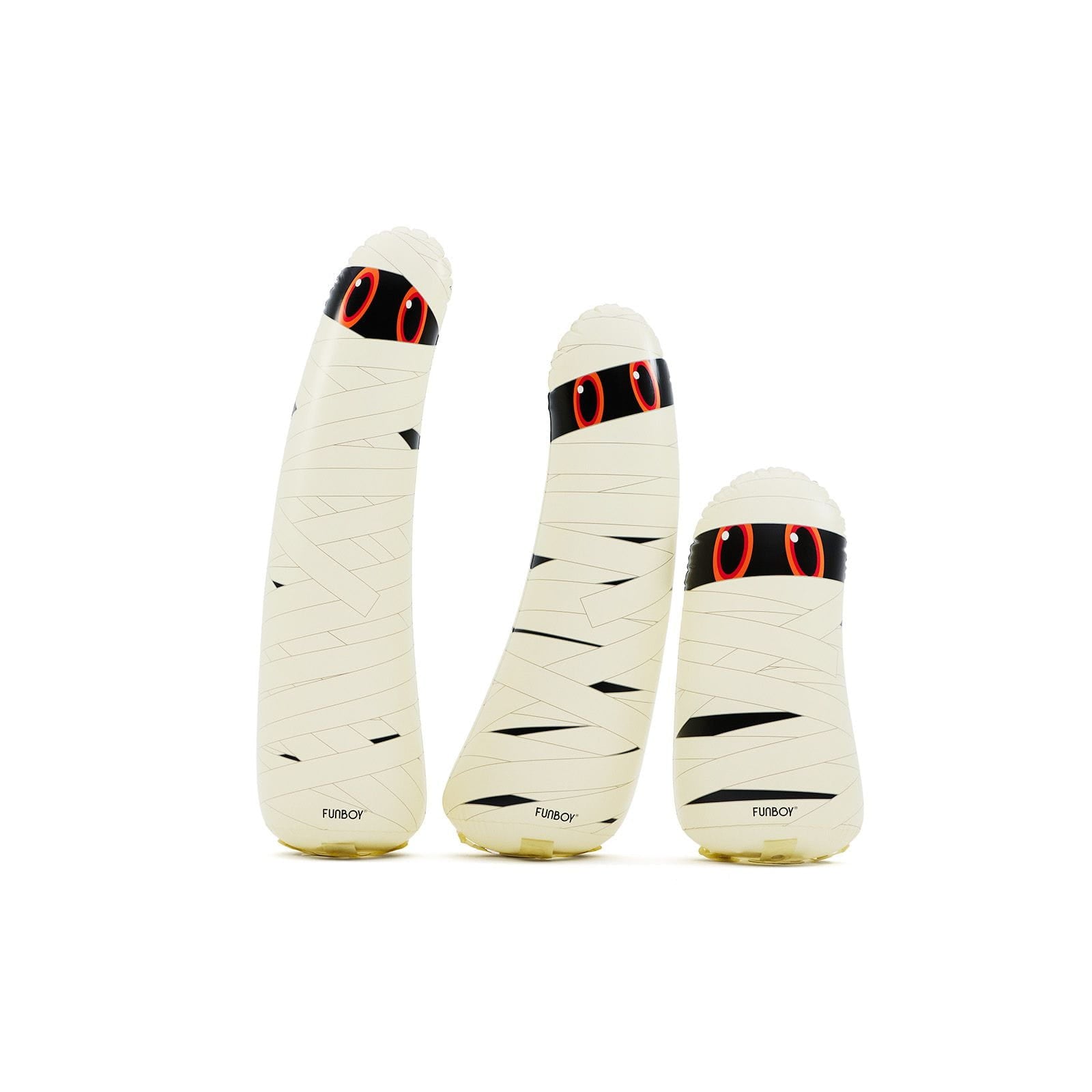 Three novelty mummy-themed silicone toys wrapped in cream bandages with black details and red-and-black eyes, shown on a plain white background.