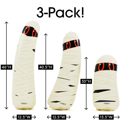 Three mummy-themed inflatable toys labeled FURBOY, shown in different heights with dimension arrows and labels reading 46"H, 40.5"H, and 30"H, plus width labels 12.
