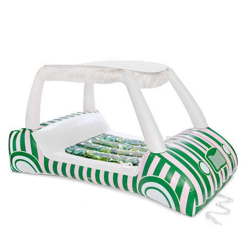 Pink and Green Golf Cart Pool float with palm daybed and fringe canopy shade.