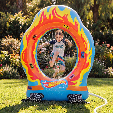 Hot wheels jump through ring of fire sprinkler for kids