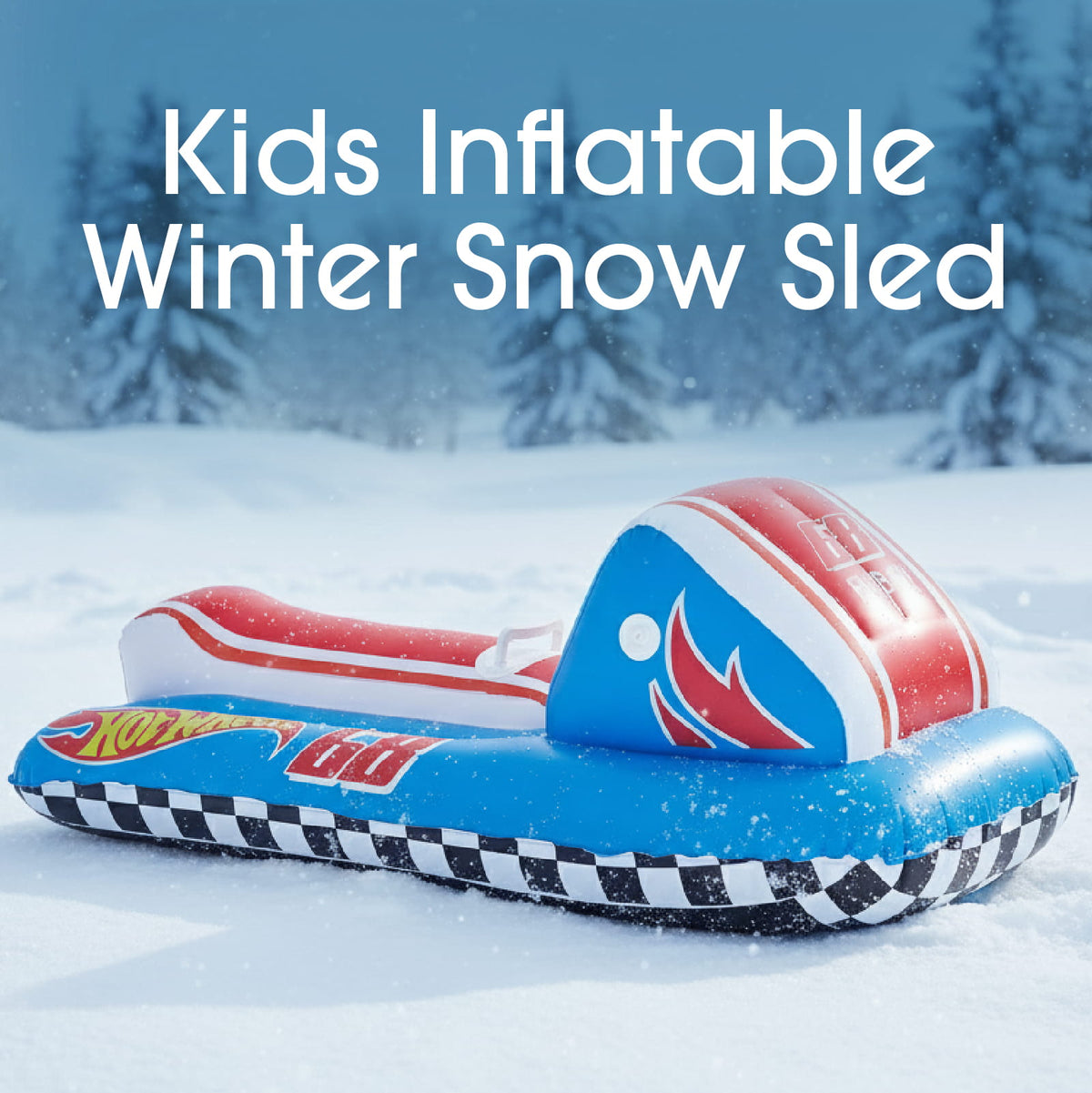 Kids inflatable winter snow sled in a snowy outdoor setting, featuring a blue body with a black-and-white checkered stripe, red and white hood, and flame graphic.