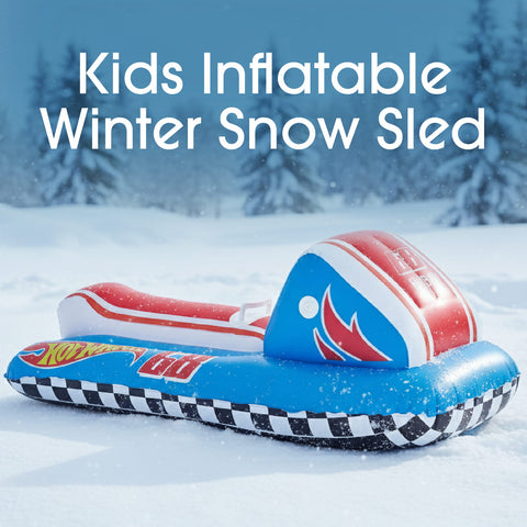 Kids inflatable winter snow sled in a snowy outdoor setting, featuring a blue body with a black-and-white checkered stripe, red and white hood, and flame graphic.