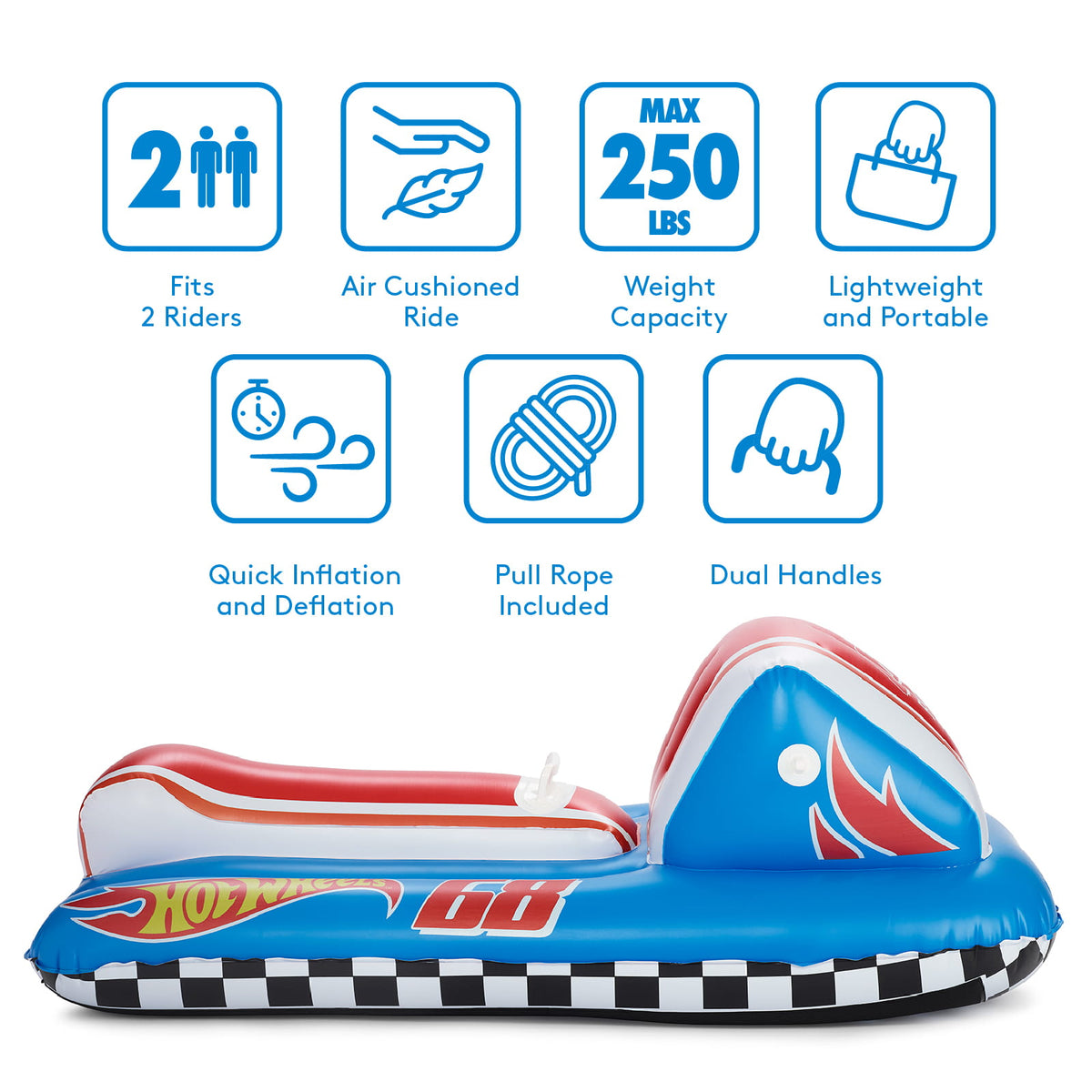 Inflatable bumper-style ride product shown on a white background with feature icons and text above it. The product itself is blue, white, and red with flame graphics and a black-and-white checkered strip near the front.