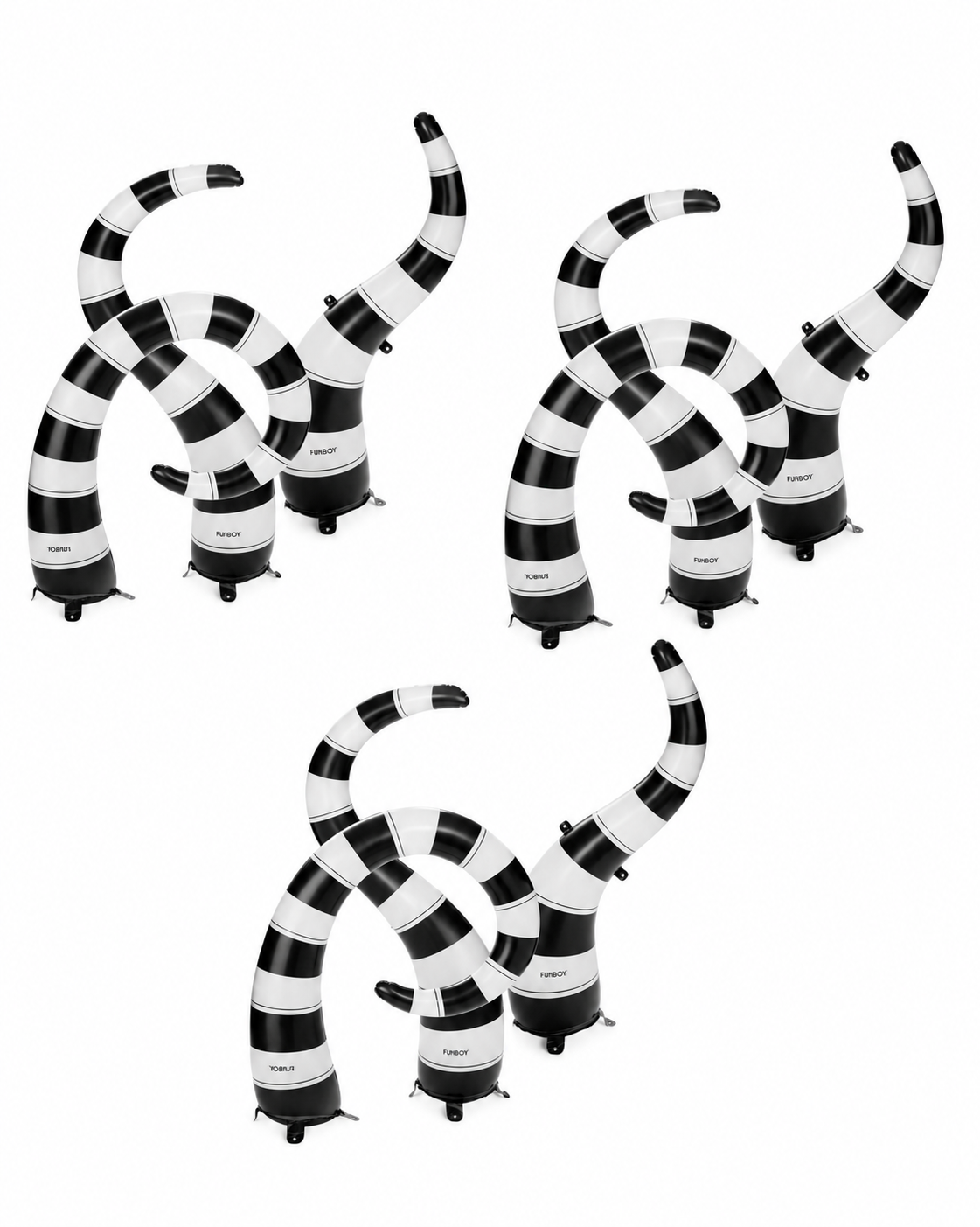 Three black and white striped inflatable snake decorations shown on a plain white background.
