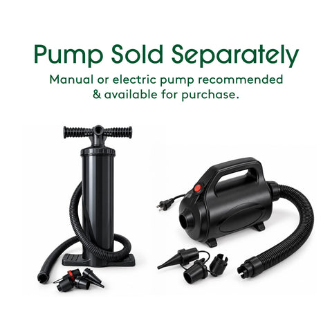 A black manual pump and a black electric pump with hose and nozzle attachments are shown on a white background, with text reading 'Pump Sold Separately' and 'Manual or electric pump recommended & available for purchase.'.