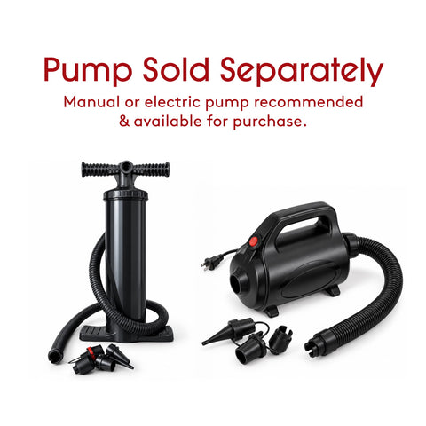 A black manual pump and a black electric pump with hose and nozzle attachments are shown on a white background, with red text above stating 'Pump Sold Separately' and 'Manual or electric pump recommended & available for purchase.'.