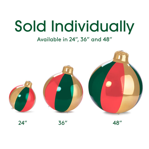 Three glossy Christmas baubles in red, green, and gold are shown in three sizes labeled 24 inches, 36 inches, and 48 inches, with text above stating 'Sold Individually' and 'Available in 24", 36" and 48"'.
