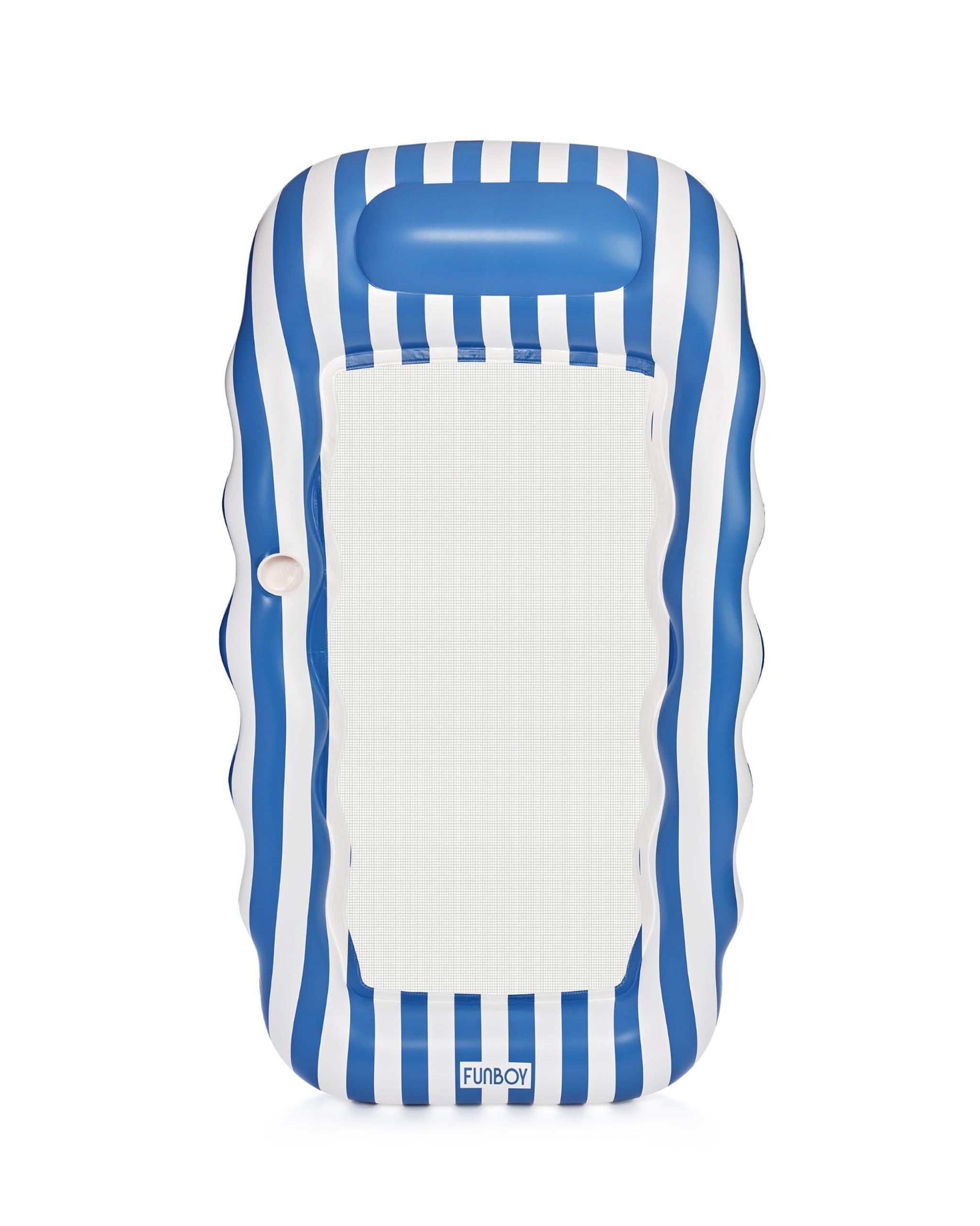 Inflatable pool float with blue and white striped design on a white background