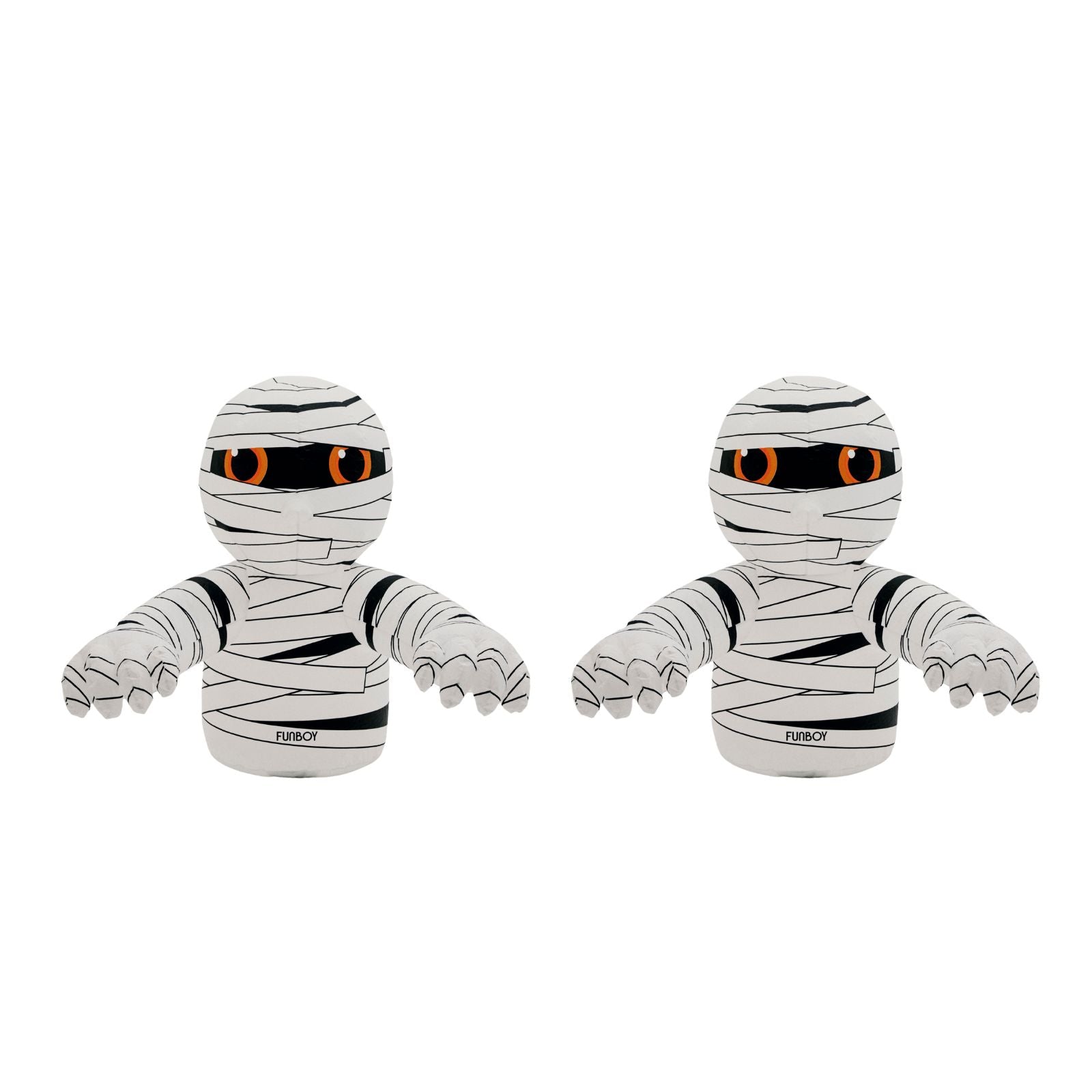 Two small mummy-shaped  inflatable halloween decorations side on a plain white background. Each figure is wrapped in white fabric with black striping, has black eye bands, and bright orange eyes.