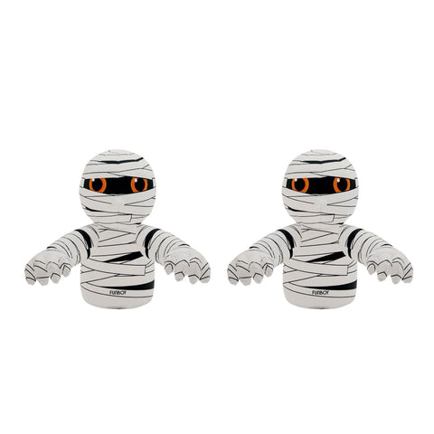Two small mummy-shaped  inflatable halloween decorations side on a plain white background. Each figure is wrapped in white fabric with black striping, has black eye bands, and bright orange eyes.