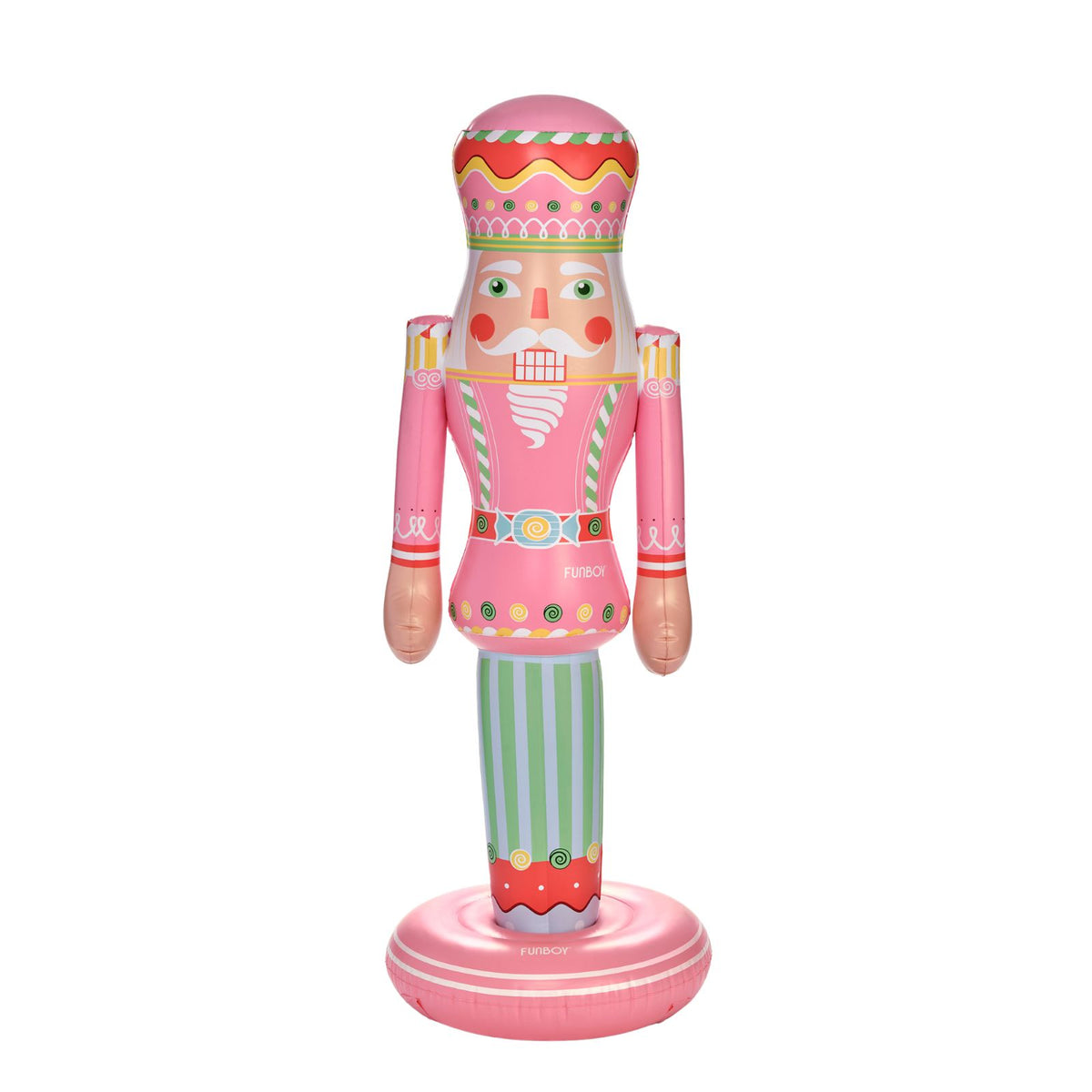 A pink inflatable nutcracker shown against a plain white background.