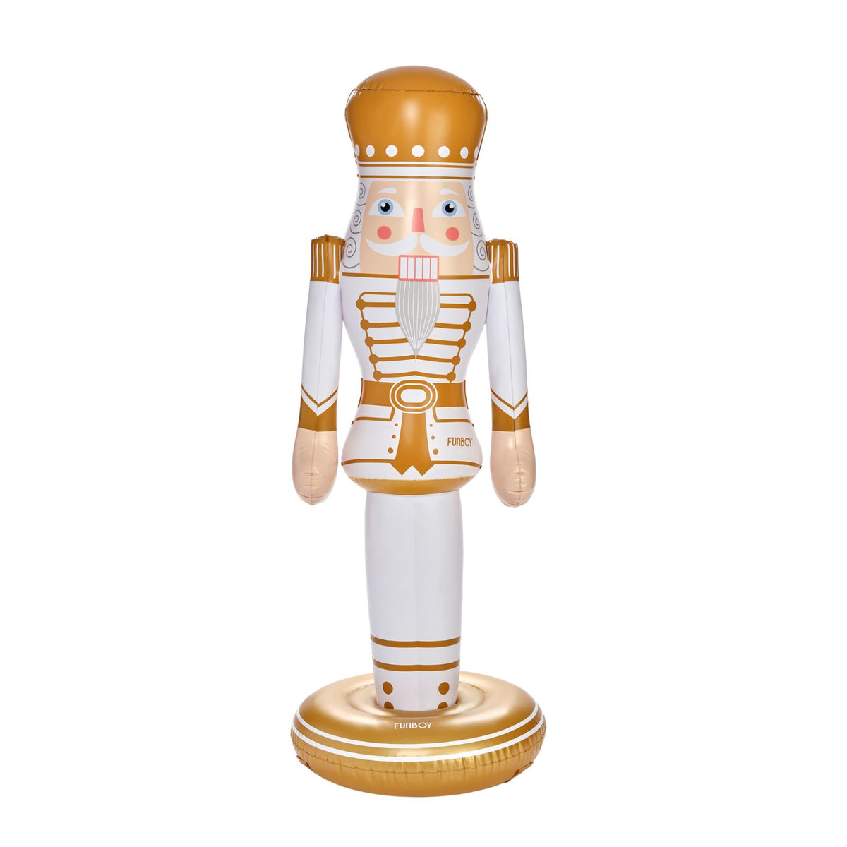 An inflatable nutcracker decoration in a white and gold color scheme, standing on a round base against a plain white background.