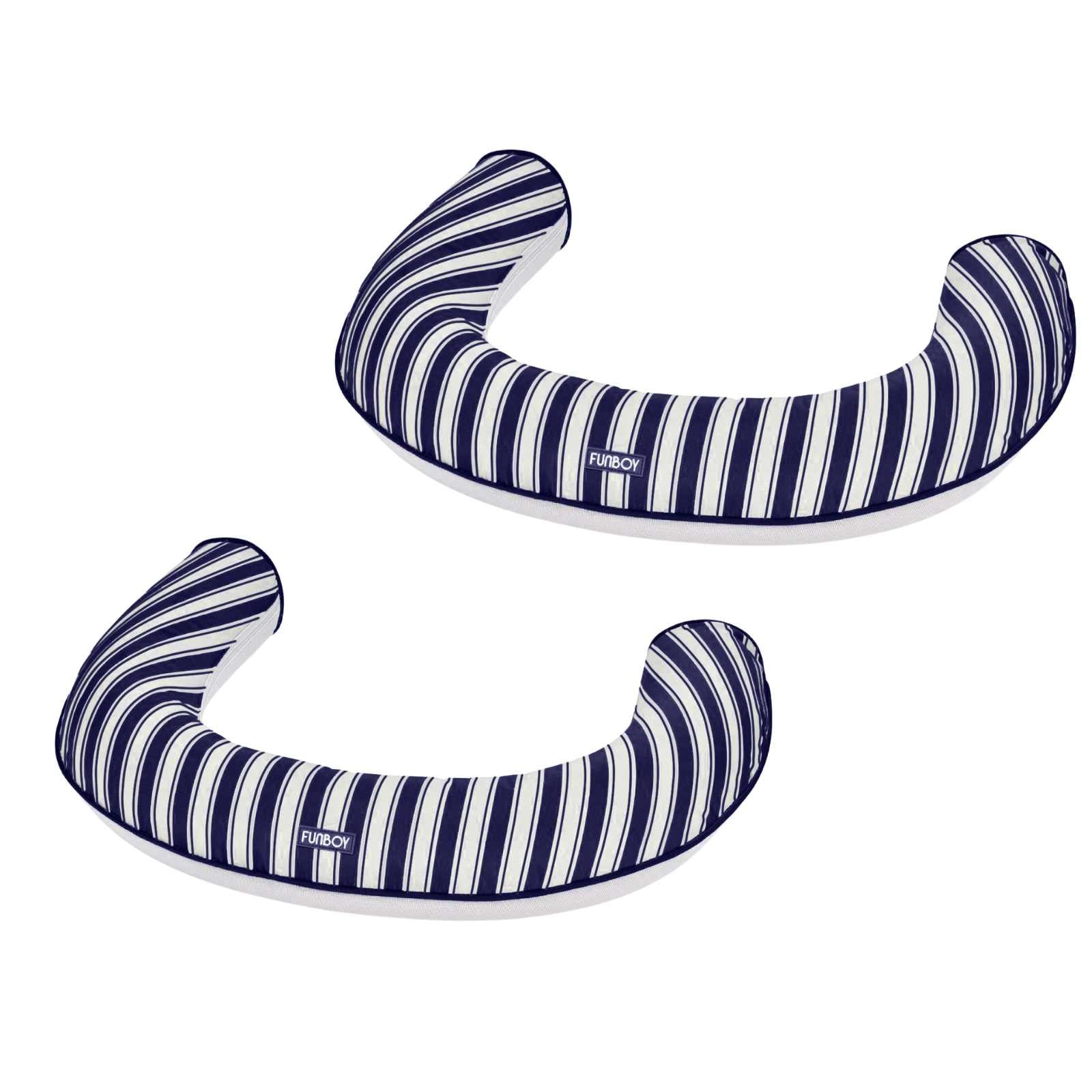 Two blue and white striped neck pillows on a white background