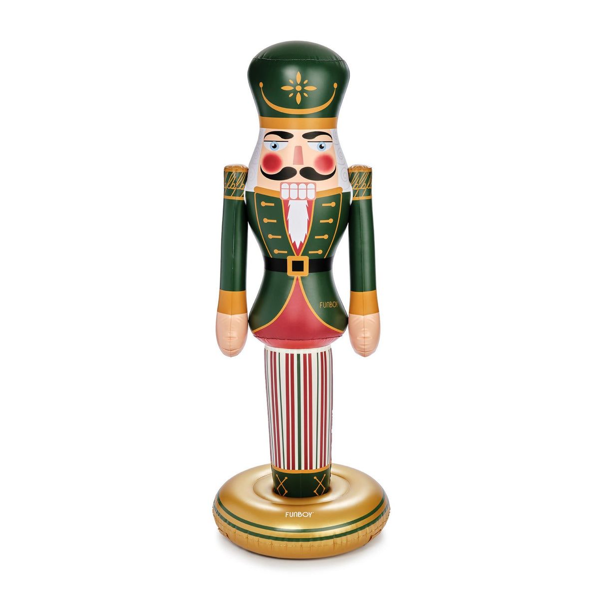 An inflatable nutcracker standing upright on a round base against a plain white background.