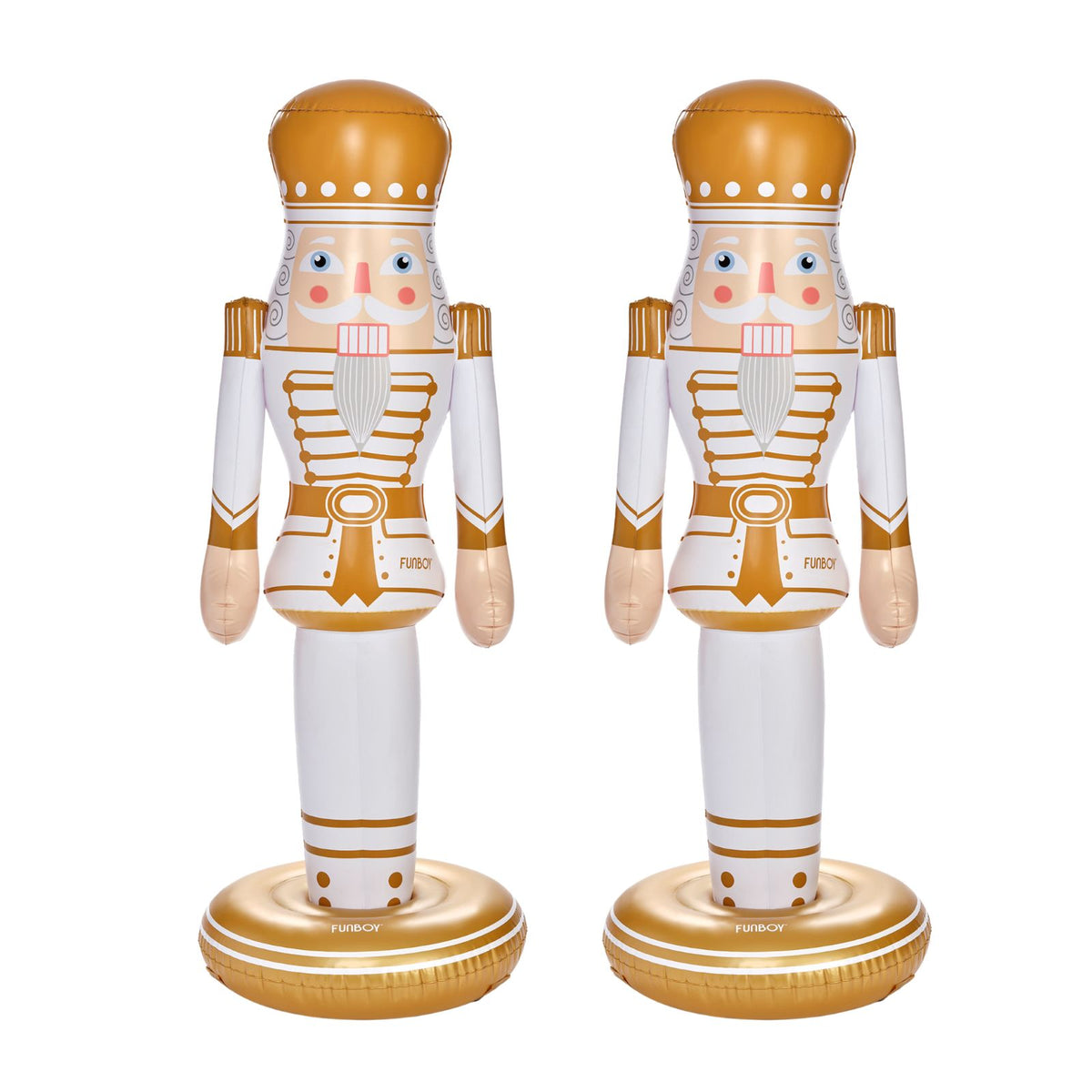 Two inflatable nutcracker figures standing upright on round bases against a plain white background. The figures are primarily white with metallic gold accents and details, including a gold hat, belt, and base.