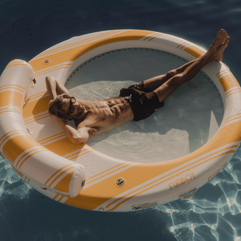 Yellow and White Stripe Floating Dock with Water Hammock