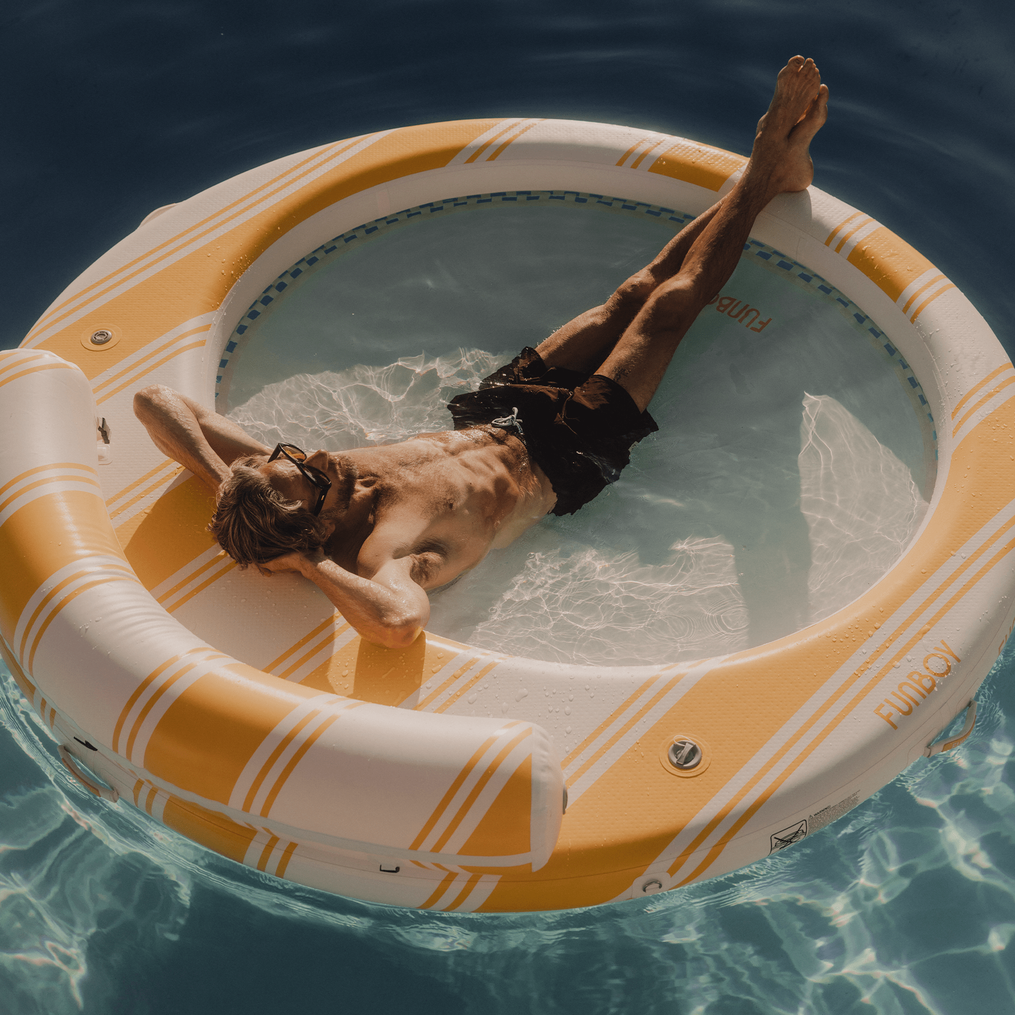 Yellow and White Stripe Floating Dock with Water Hammock