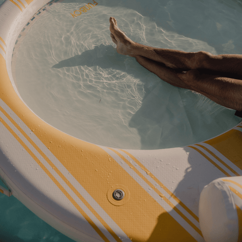 Yellow and White Stripe Floating Dock with Water Hammock