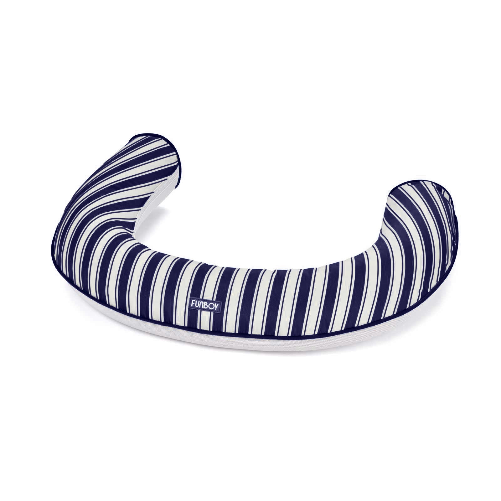 Navy and white striped inflatable noodle branding on a white background