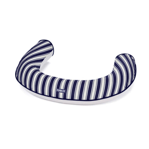Navy and white striped inflatable noodle branding on a white background