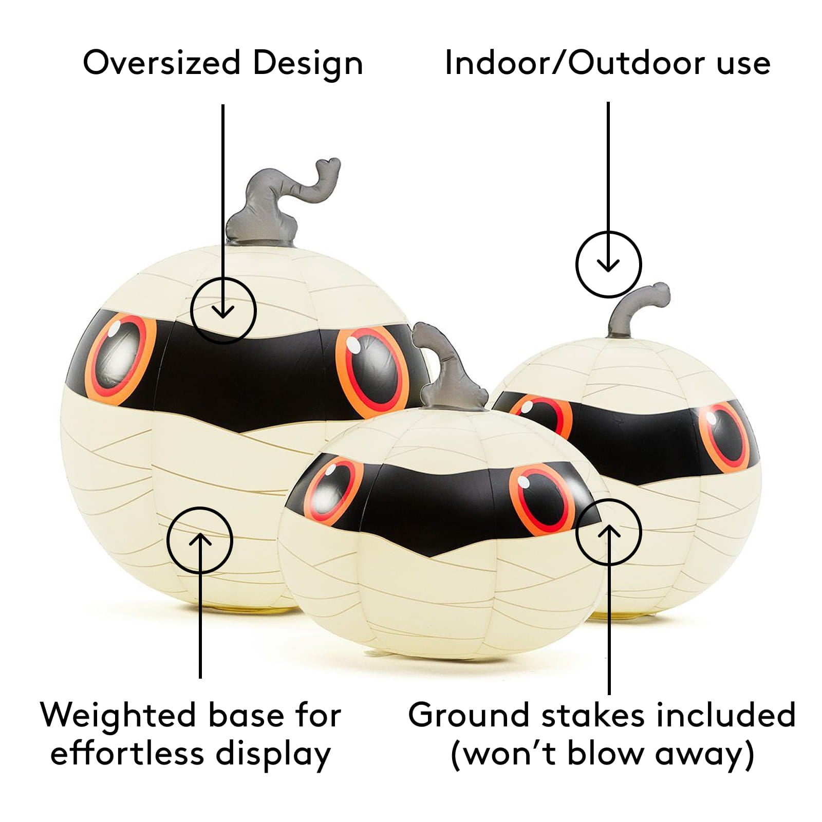 outdoor use, weighted base, and ground stakes included.