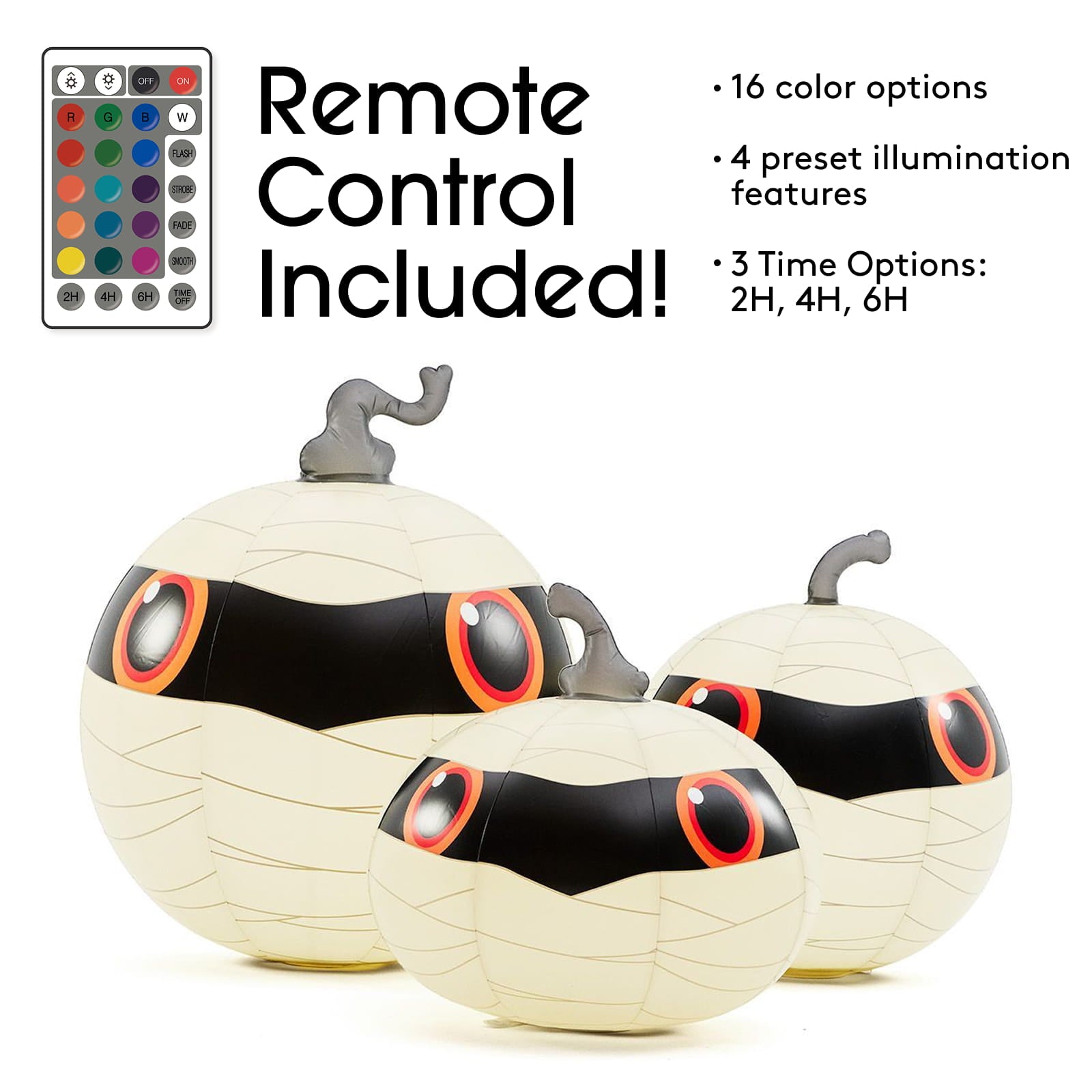 Three inflatable pumpkins styled as bandaged mummies in cream and black, with red and white eye details and gray stems, shown on a white background with remote control and feature callouts.