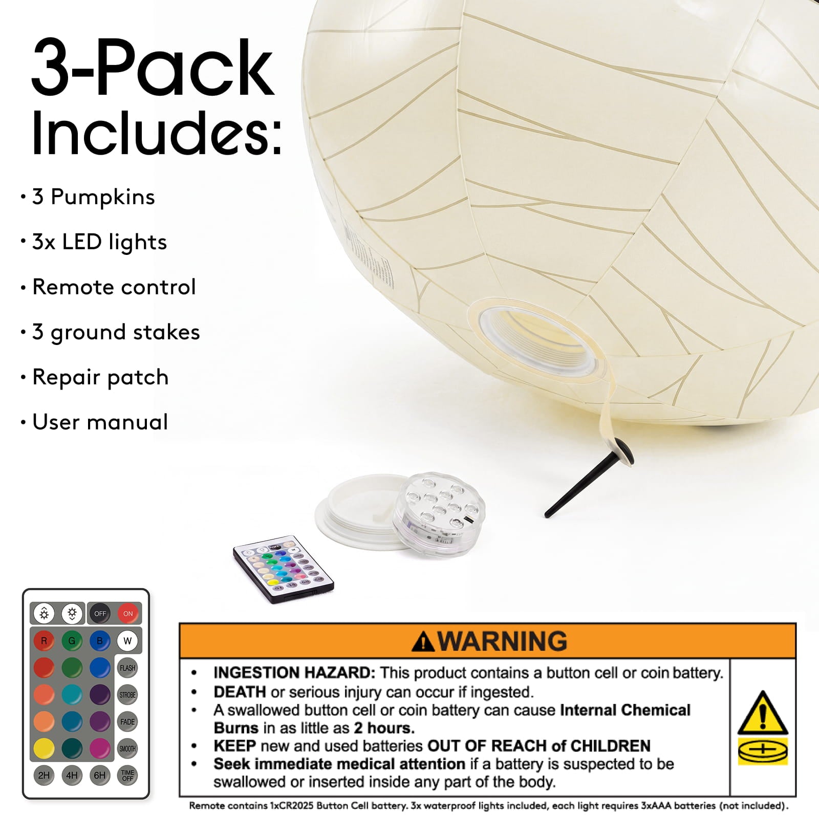 A 3-pack of cream-colored paper lanterns with a geometric pattern, shown alongside accessories including a remote control, LED lights, a color selection chart, and a warning label. Text on the left lists the package contents.