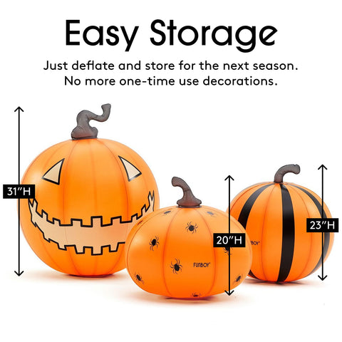Three orange Halloween pumpkin decorations with black details, shown with height measurement arrows and text reading 'Easy Storage' and size labels 31"H, 20"H, and 23"H on a white background.