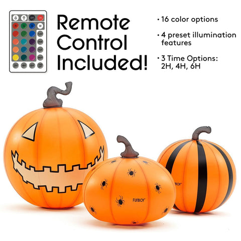 Three orange inflatable jack-o'-lantern pumpkins with black and white printed Halloween faces and spider decals, shown with a remote control graphic and text listing remote control features on a white background.