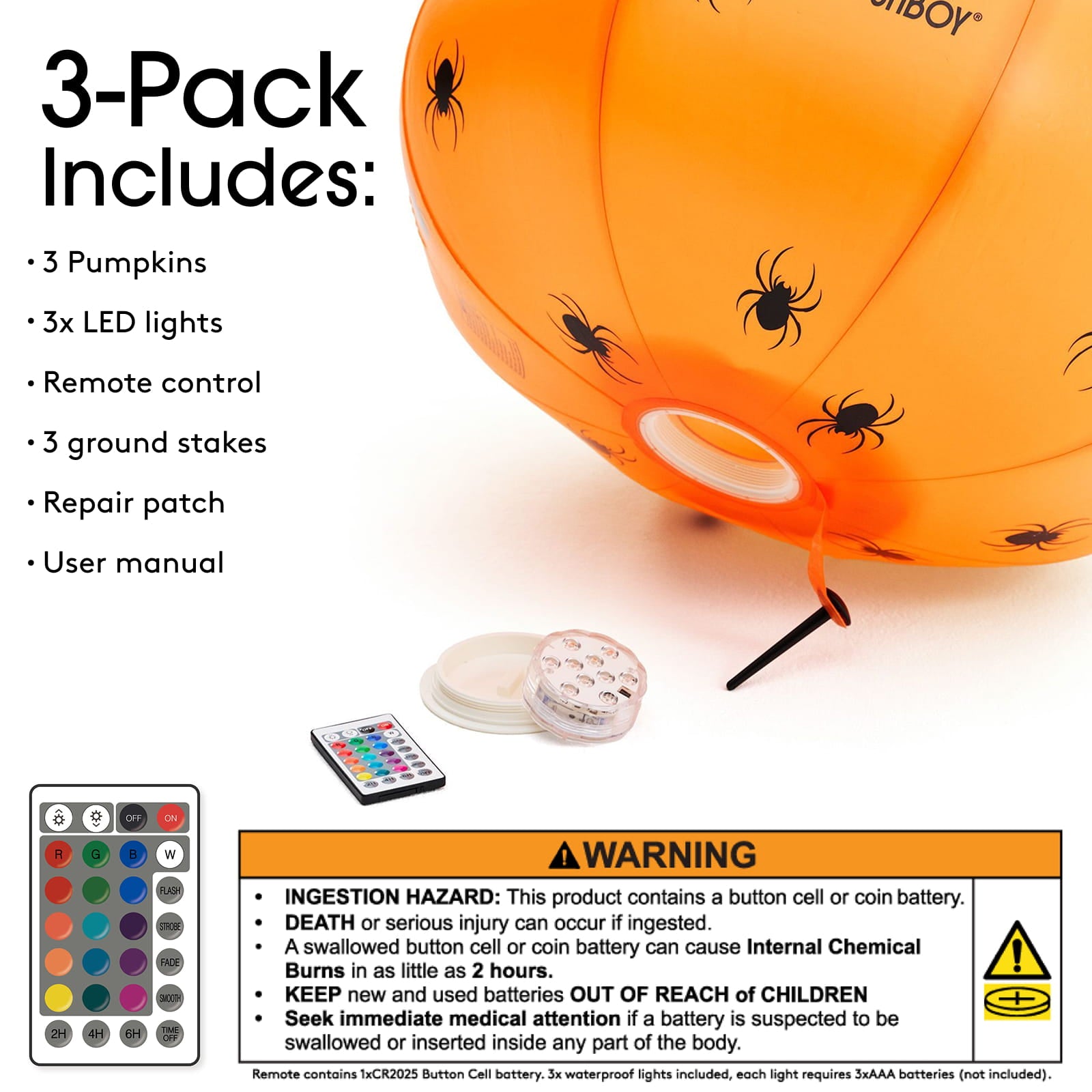 An orange pumpkin-shaped LED lantern with black spider graphics, shown inflated with a black air pump and a small remote control. The image includes text listing included items, a warning label, a remote control, and a color selection chart on a white background.