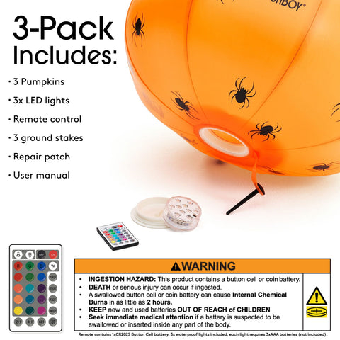 An orange pumpkin-shaped LED lantern with black spider graphics, shown inflated with a black air pump and a small remote control. The image includes text listing included items, a warning label, a remote control, and a color selection chart on a white background.
