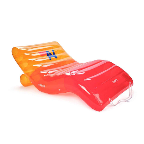 Inflatable pool float shaped like a butterfly with orange and red colors on a white background. Aviator Nation x FUNBOY