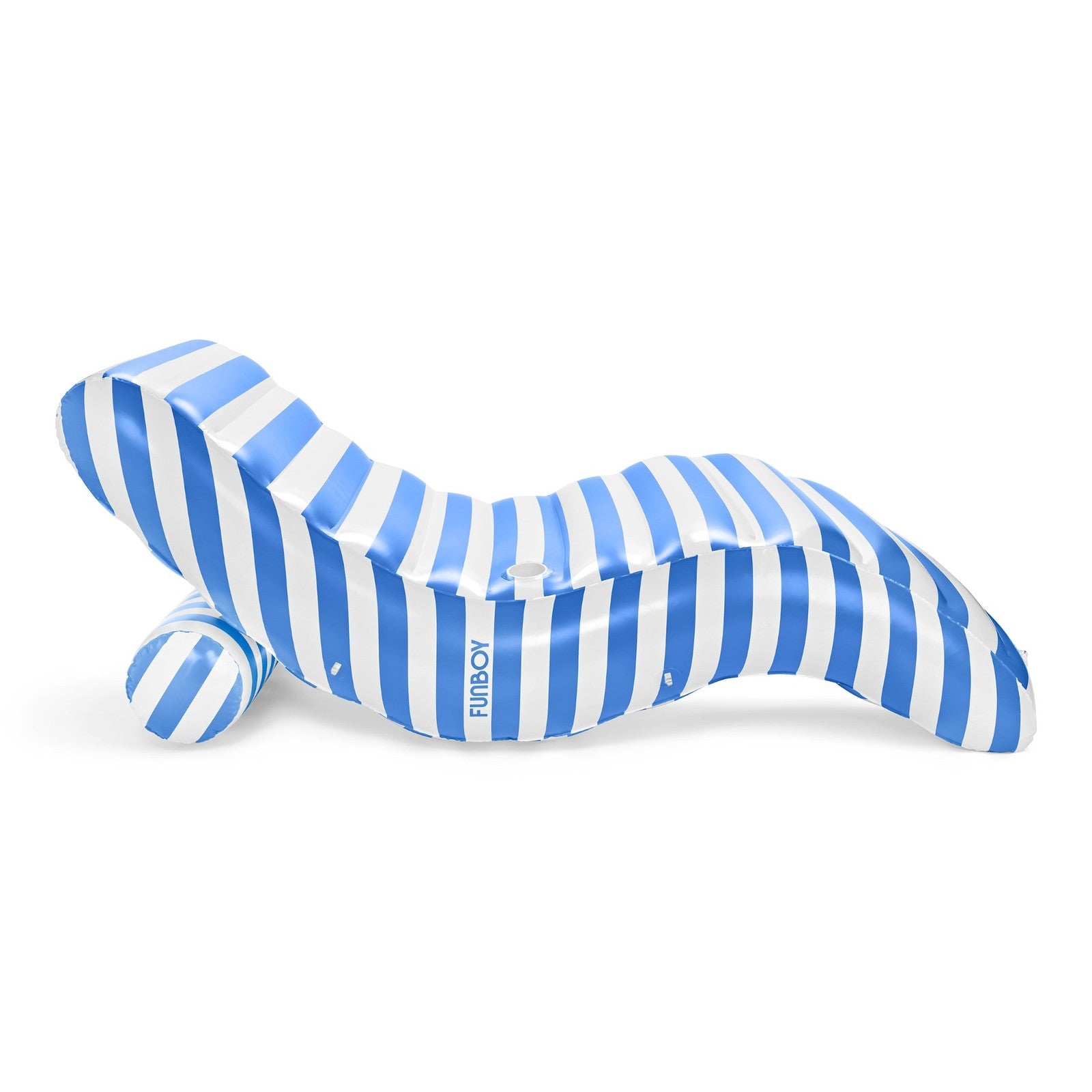 Blue and white striped inflatable pool float on a white background