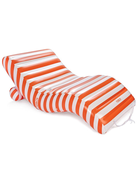 Orange and white striped pool float on a white background