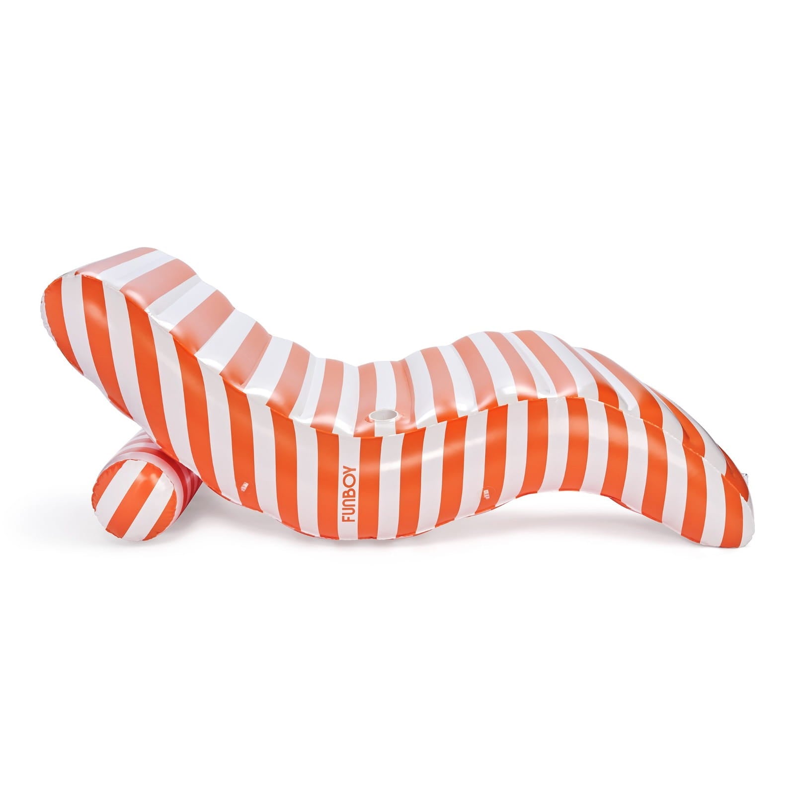 Inflatable pool float with orange and white stripes on a white background