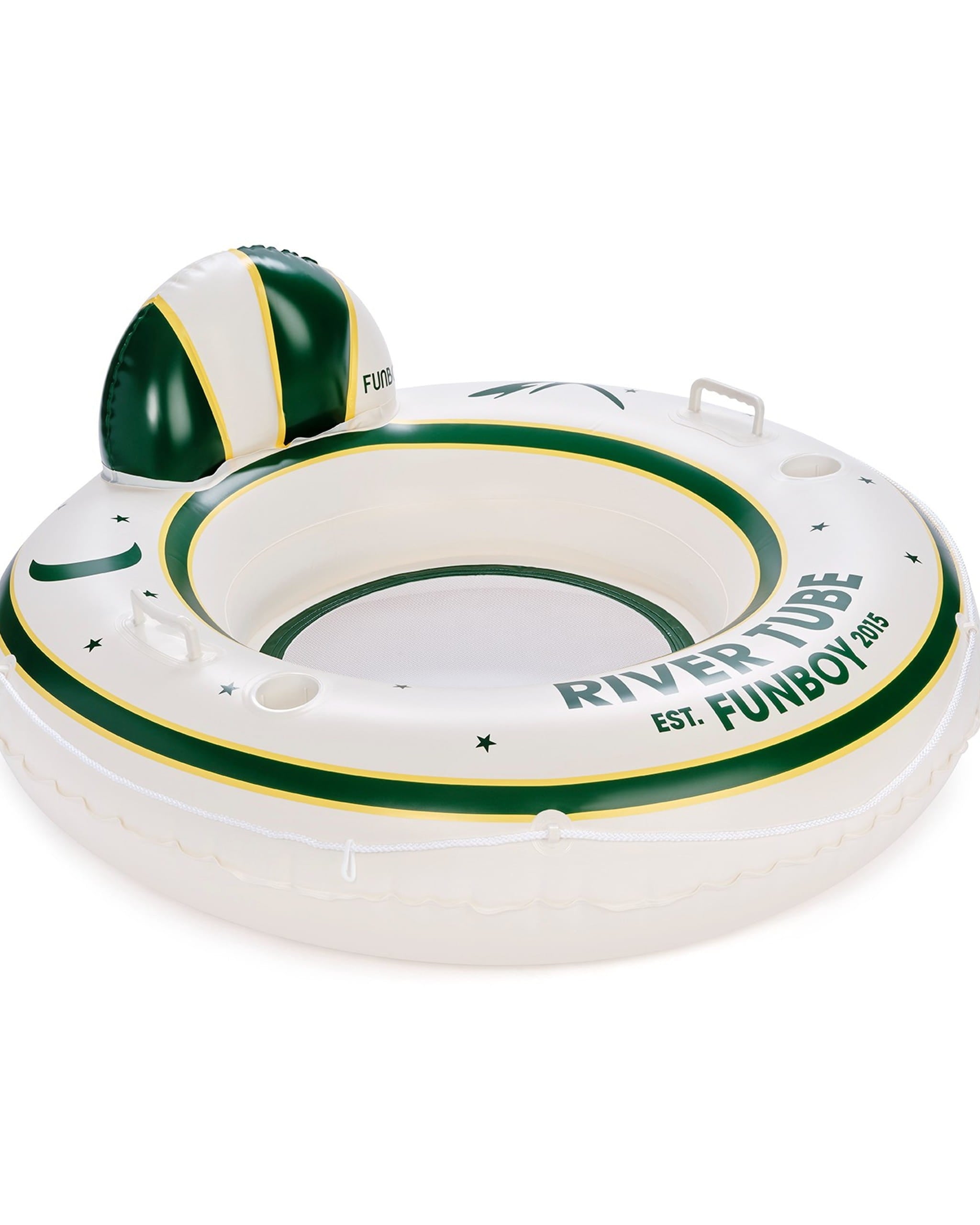 White and green inflatable river tube with 'Funboy' branding on a white background