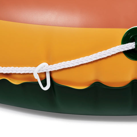 Close-up of a colorful inflatable ring with a white rope and green handle.