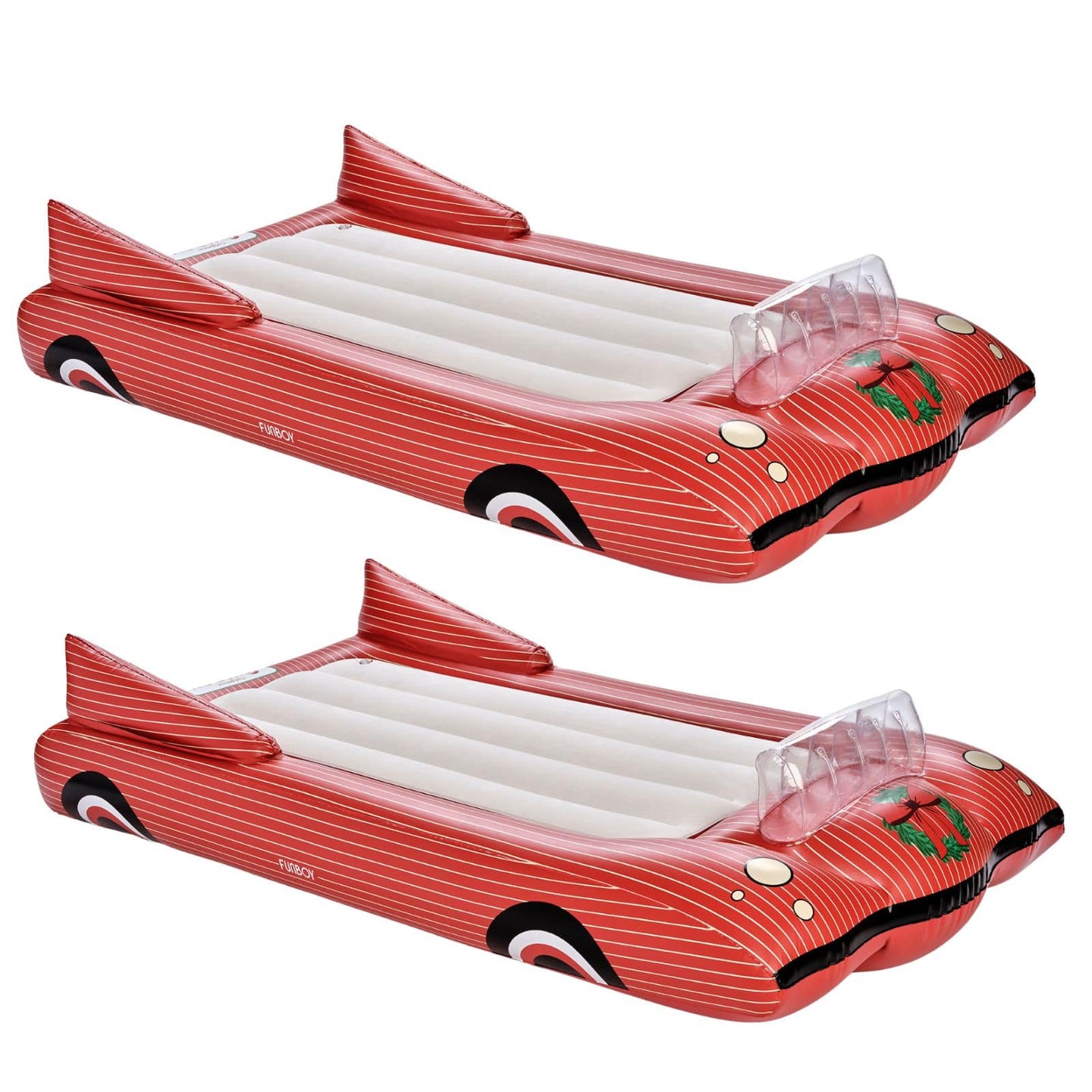 Two red car-shaped inflatable pool floats on a white background