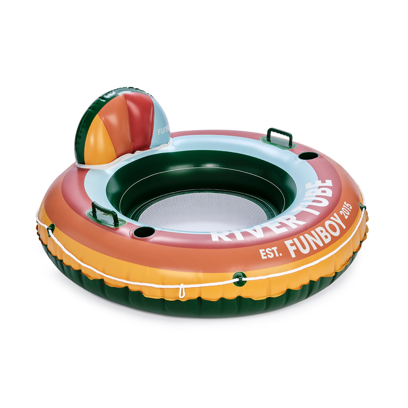 Inflatable river tube with colorful design and 'Funboy' branding on a white background