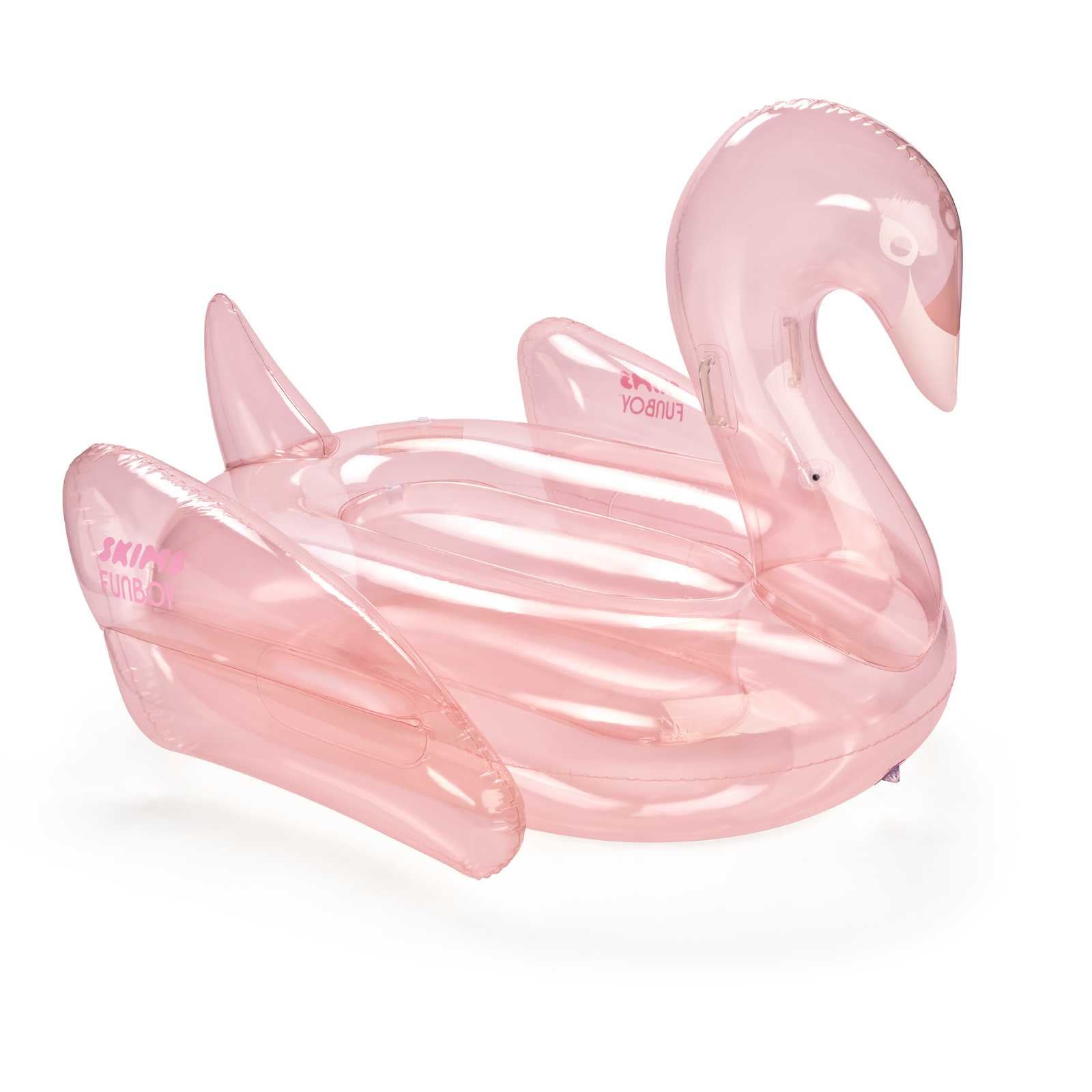 SKIMS x FUNBOY Pink inflatable swan pool float on a white background