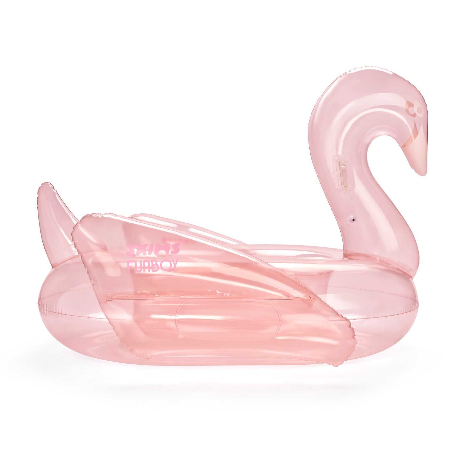 SKIMS x FUNBOY Inflatable pink swan pool float on a white background
